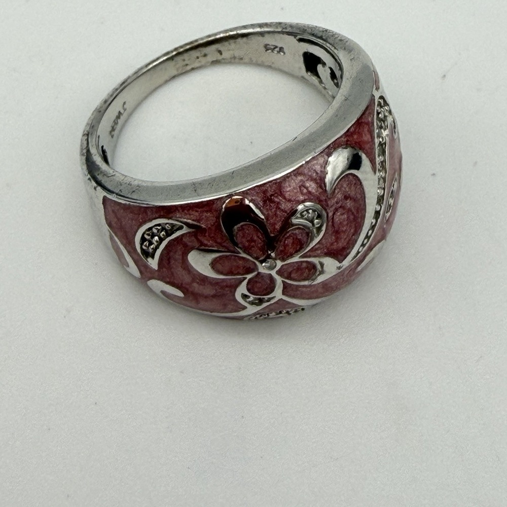 Vtg QVC Designer JWBR Sterling Silver Diamond Ring Floral Pink Enamel Sz7.25 - Picture 4 of 16